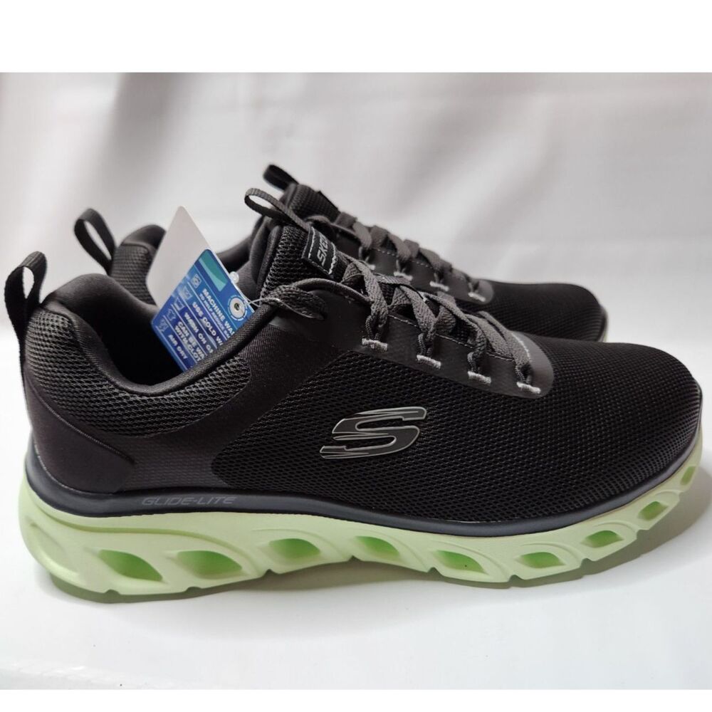 Skechers Mens Glide‑Lite Wide Fit Memory Foam Shoes 8.5 Black Light Green